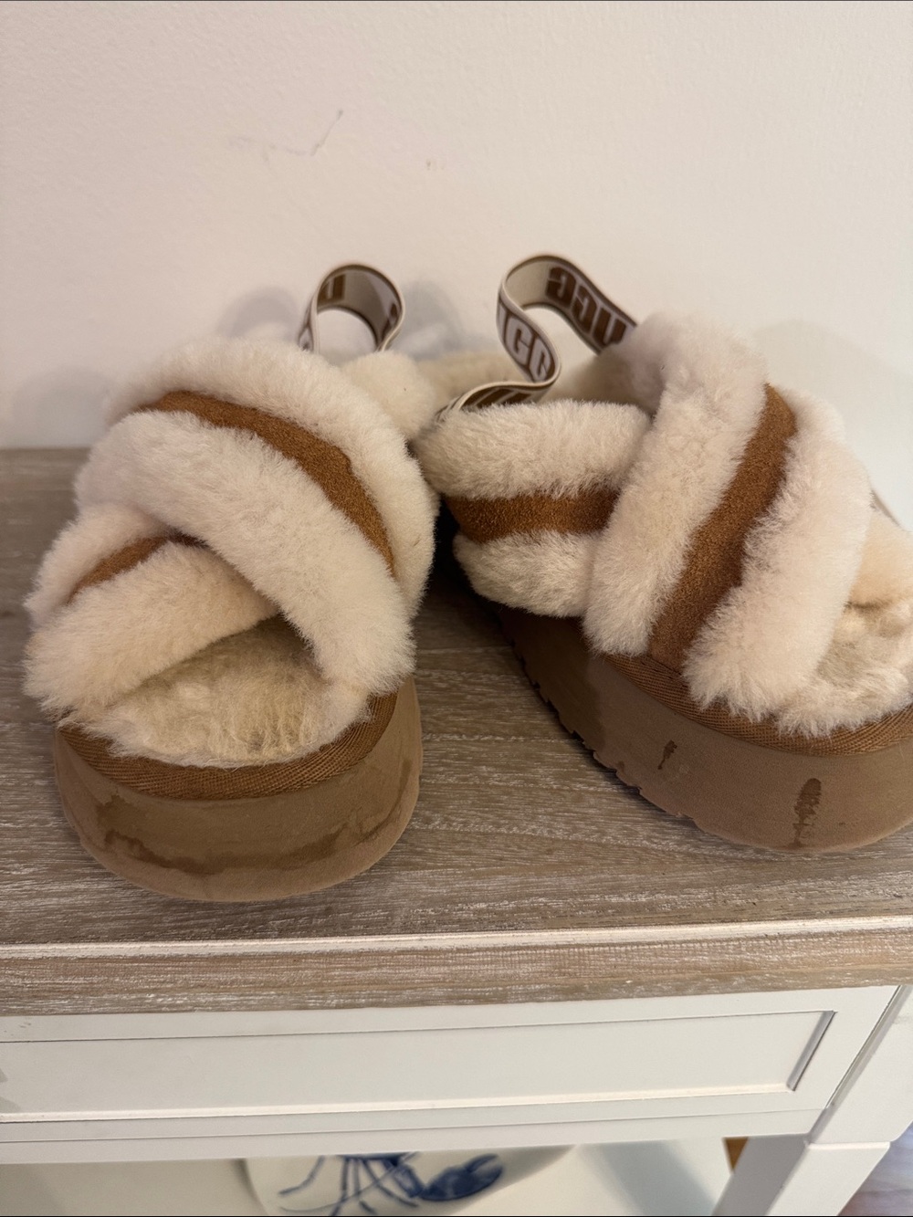 UGG Chestnut and Cream Fluff Flip Flop Slippers with Logo Strap - Picture 2 of 12